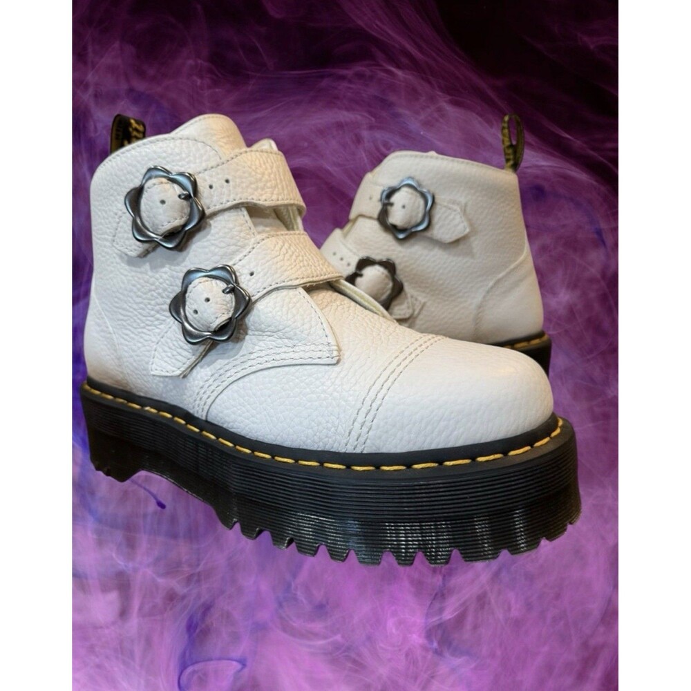 Dr. Martens Devon Flower Ankle Boots Women's 9 Platform Leather Buckle White